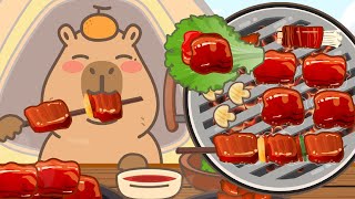 Capybara mukbang animation  ASMR  BBQ sausage salad  Capy Capy [upl. by Cullan]