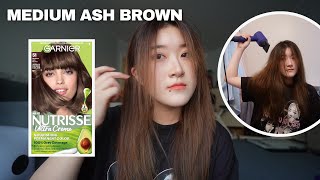 Garnier Medium Ash Brown Hair Dye  Review  Sister dyes my hair [upl. by Ennaillek170]