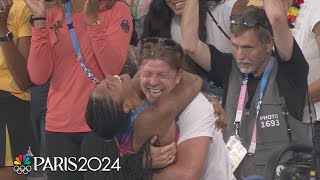 Hunter Woodhall goes WILD for wife Tara during long jump final  Paris Olympics  NBC Sports [upl. by Nozicka]