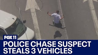 Police chase Suspect in custody after carjacking three vehicles across LA County [upl. by Brina]