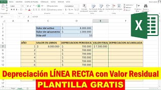 DEPRECIACION LINEA RECTA CON VALOR RESIDUAL en Excel [upl. by Eyram]