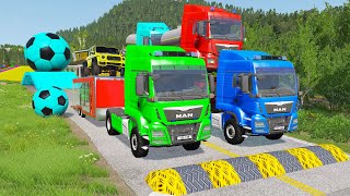 Double Flatbed Trailer Truck vs Speedbumps Train vs Cars  Tractor vs Train BeamngDrive 058 [upl. by Anirdnajela]