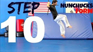 NUNCHUCKS LESSON TUTORIAL STEP 10 TRAINING NUNCHAKU WITH A COMBO KICK BEGINNERS SKILLS [upl. by Conah]