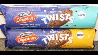 McVitie’s Digestives Twists Chocolate Chip amp Coconut and Chocolate Chip amp Caramel Bits Review [upl. by Pentheas509]