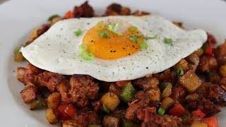 Mexican Chorizo Breakfast Hash With Potatoes And Fried Egg Sunny Side Up Recipe [upl. by Manup]