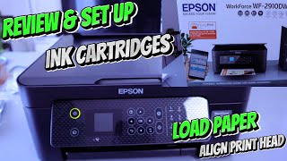 Epson WF 2910 DWF Unboxing Review Load Paper Install Ink Cartridges Alignment Setup Replace Ink [upl. by Iong]