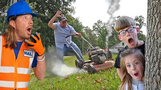 Handyman Hal helps friend with Lawn Care  Mowers and leaf blowers for kids [upl. by Persons]