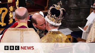 Prince William kisses King Charles on cheek in Coronation ceremony  BBC News [upl. by Rennerb]