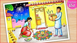 How to Draw Diwali Drawing  Indian festival poster  Diwali Scenery painting [upl. by Esined]