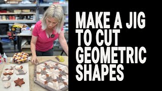 How to make a jig to cut geometric wood shapes Mosaic style cutting boards tables trivets boxes [upl. by Erelia]