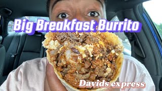 Trying the Special Burrito Steak Egg Cheese Chorizo Breakfast Burrito from David’s Express [upl. by Halueb]