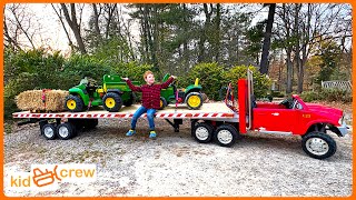 Farm delivery with kids ride on semi truck and trailer tractor forklift Educational  Kid Crew [upl. by Allen565]