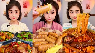 A mukbang of Chinese food with a variety of dishes  spicy pork curry  hot pot grilled sausages [upl. by Huba536]