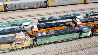 BNSF Northtown Yard Drone Flyover  Dozens of Stored Locomotives [upl. by Kylila]