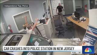 Car crashes into police station in NJ while blasting Welcome to the Jungle  NBC New York [upl. by Mulligan]