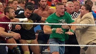 John Cena and Brock Lesnar get into a brawl that clears the entire locker room Raw April 9 2012 [upl. by Grefer537]