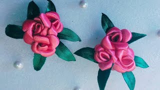 Easy rose flower hair clips using satin ribbon  satin ribbon craftsdiycraftysewing [upl. by Toback]