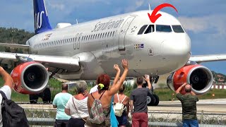 Airbus A320 VS Plane Spotters  JETBLAST amp Waving Pilot at Skiathos Airport  Takeoff in 4K [upl. by Eidnahs]