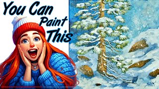 Snowy Pine Tree Landscape Step by Step Acrylic on Canvas Step by step Tutorial painting [upl. by Andria]