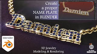 3D Jewelry modeling and rendering Create a proper Name Plate with gemstones using Blender 32 [upl. by Noemi274]