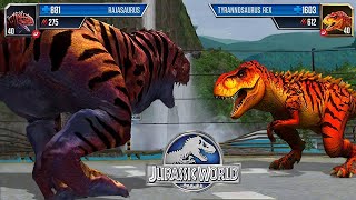 RAJASAURUS VS T REX  JURASSIC BATTLE  JURASSIC WORLD THE GAME [upl. by Schwartz425]