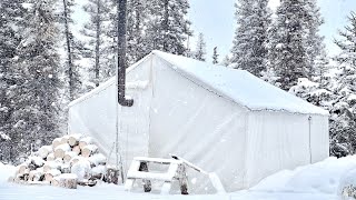 30C WINTER CAMPING ALONE in a HOT TENT HEAVY SNOWFALL BLIZZARD [upl. by Hartley885]