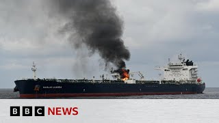 Marlin Luanda Oil tanker on fire for hours following Houthi attack  BBC News [upl. by Amaj]