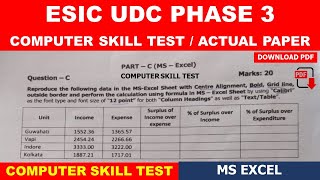 ESIC UDC COMPUTER SKILL TEST PREVIOUS YEAR EXCEL QUESTION PAPER WITH SOLUTION PDF [upl. by Nesral]