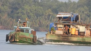 Tugboat Tows Barge Carrying Cranes [upl. by Cofsky561]