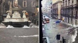 Catania piazza Duomo è un lago le strade sono fiumi in piena il violento nubifragio [upl. by Ethbinium]