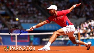 Novak Djokovic glides to drop shot as final against Carlos Alcaraz heats up  Paris Olympics [upl. by Ellenohs]