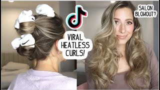 VIRAL TIKTOK HEATLESS CURLS SALON BLOW OUT AT HOME WITH NO HEAT Medium amp Long Hairstyles [upl. by Keelby]