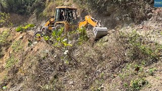 Lowering Down Rocky Road Bed of Mountain Riverside Road JCB Backhoe [upl. by Niffirg]