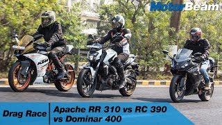 Apache RR 310 vs KTM RC 390 vs Dominar 400  Drag Race  MotorBeam [upl. by Tillinger]