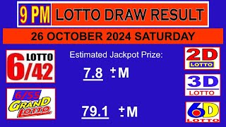 LOTTO 9PM PCSO 642 655 2D 3D 6D Draw Result Today 26 October 2024 SATURDAY [upl. by Riannon656]