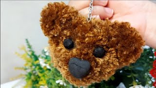 Pom Pom Teddy Bear 🐻  How to make Pom Pom Teddy Bear Keychain  Woolen Craft ideas [upl. by Yffat]