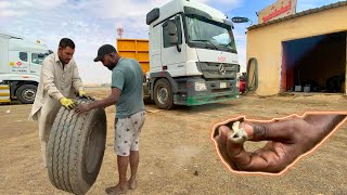 indian 🇮🇳 Truck driver truck tire puncture repairHow to repair puncture tyre [upl. by Mordy133]