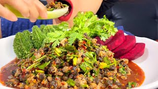 Thaifood ASMR ก้อยหอย ใส่ปลาร้า เผ็ดจัดจ้าน Koi shellfish MUKBANG show [upl. by Karena]