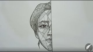 How to draw HalfFace Geometric Art with Zentangle Design  Geometric Line Art [upl. by Elleiand227]