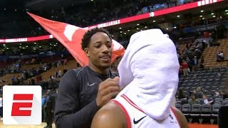 DeMar DeRozan crashes Kyle Lowrys interview makes him finish it with towel around head  ESPN [upl. by Dannon]