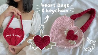 how to crochet heart bag amp keychain with wings amp ribbons  beginnerfriendly tutorial [upl. by Attevad]