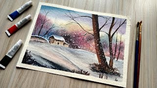 Beginner Friendly Painting  Snowy Winter Landscape Painting [upl. by Wichern]