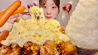 ASMR Corn Cheese Fried Chicken Sausage【Mukbang Eating Sounds】【English subtitles】 [upl. by Vittorio424]