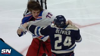 Rangers Matt Rempe Meets His Match In Wicked Fight With Blue Jackets Mathieu Olivier [upl. by Itnahsa]