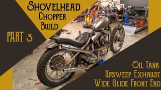 Custom Fabricated Upsweep Exhaust and a Wide glide front end  Shovelhead Chopper Build Part 3 [upl. by Mcguire]