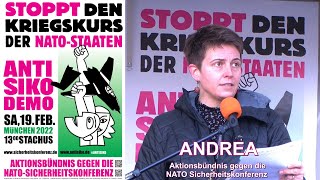 Antisiko 2022 Rede von Andrea für das Aktionbündnis gegen die NATO Sicherheitskonferenz 1922022 [upl. by Sheedy211]