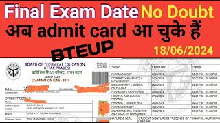 BTEUP Final Exam date 2024  D Pharma final exam date [upl. by Nytsud]