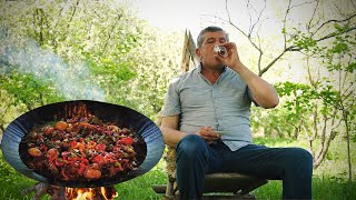 AZERBAIJAN Rural Dish  Chef is Cooking Mutton with Vegetables in Sadj [upl. by Leola]