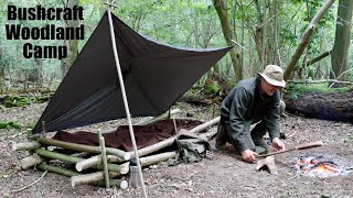 Solo Woodland Bushcraft Camp with Minimal Gear Poncho Shelter and Raised Bed Caveman Steak [upl. by Htiel]