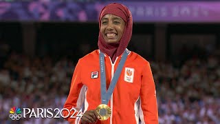 Sifan Hassan takes in medal ceremony after winning women’s marathon gold  Paris Olympics [upl. by Nwahsram231]